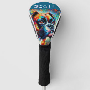 Colorful Pop Art Boxer Dog Personalized Teal Blue Golf Head Cover