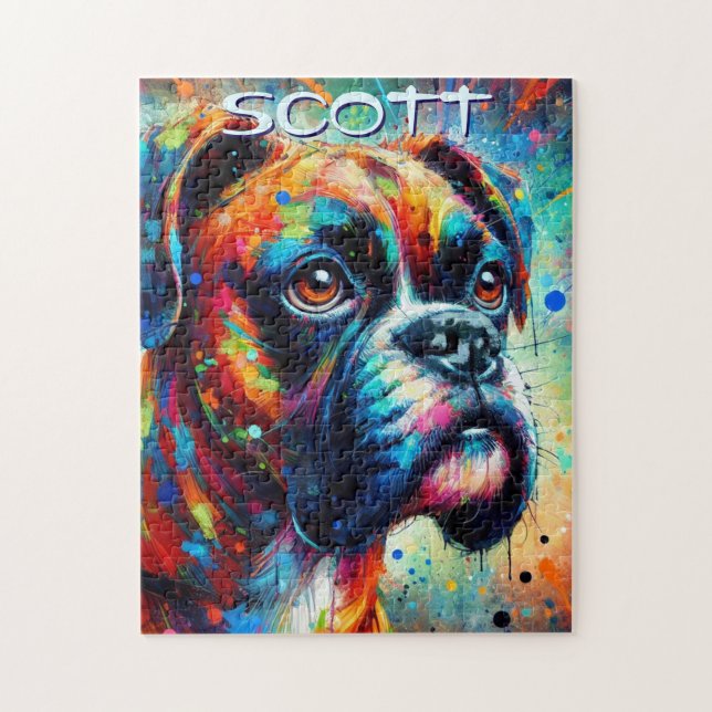 Colorful Pop Art Boxer Dog Personalized Teal Blue Jigsaw Puzzle (Vertical)