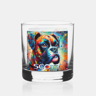 Colorful Pop Art Boxer Dog Personalized Teal Blue Whiskey Glass