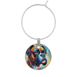 Colorful Pop Art Boxer Dog Personalized Teal Blue Wine Charm