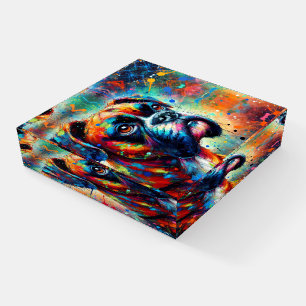 Colorful Pop Art Boxer Dog Puppy Teal Blue Green Paperweight