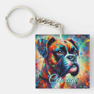 Colorful Pop Art Boxer Dog Teal Blue Dogs Keychain