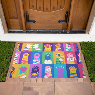 Colorful Pop Art Cat Paw Grid Design Doormat