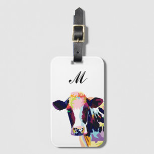 Colorful Pop Art Cow Monogrammed Luggage Tag
