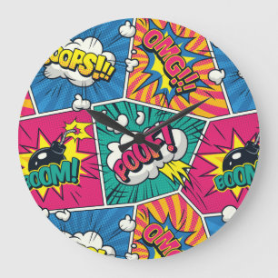 Colorful Pop Art Design - Retro Comic Explosion Large Clock