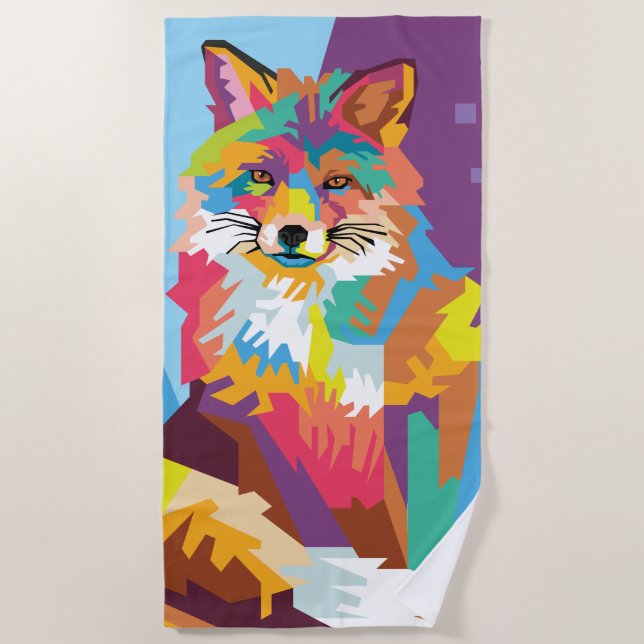 Colorful Pop Art Fox Portrait Beach Towel (Front)