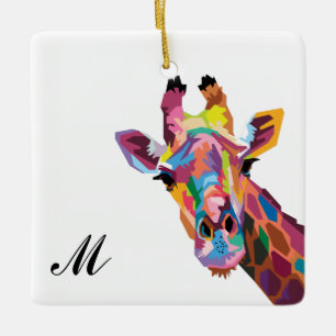Colorful Pop Art Giraffe Monogrammed Ceramic Ornament