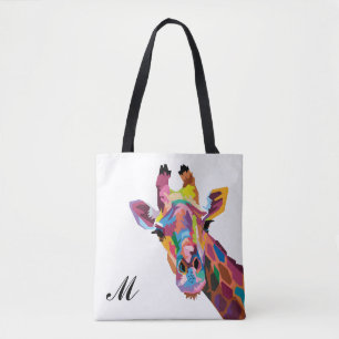 Colorful Pop Art Giraffe Monogrammed Tote Bag