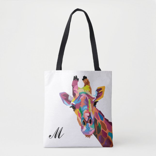 Colorful Pop Art Giraffe Monogrammed Tote Bag (Front)