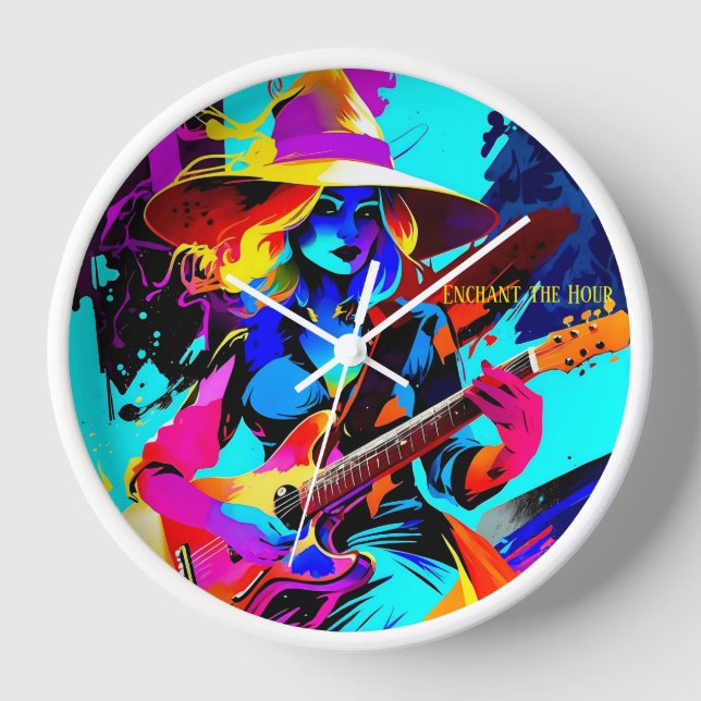 Colorful Pop Art Guitarist Witch Clock (Front)