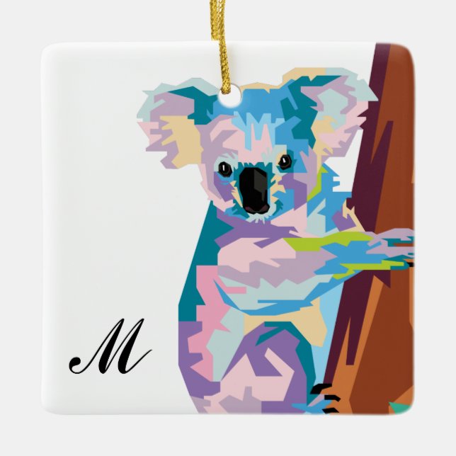 Colorful Pop Art Koala Monogrammed Ceramic Ornament (Front)
