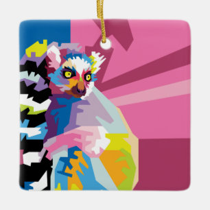 Colorful Pop Art Lemur Portrait Ceramic Ornament