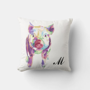 Colorful Pop Art Pig Monogram Throw Pillow