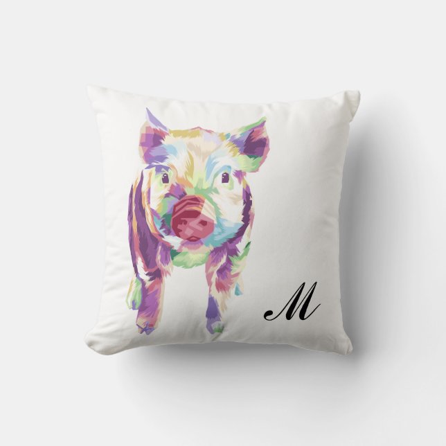 Colorful Pop Art Pig Monogram Throw Pillow (Front)
