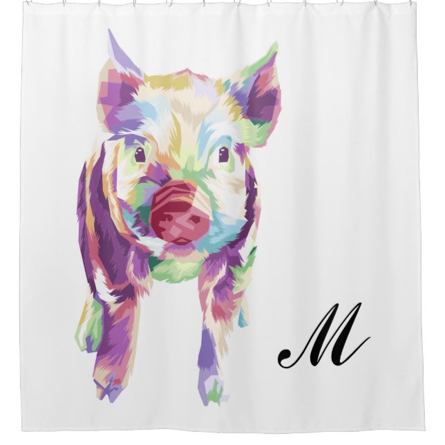 Colorful Pop Art Pig Monogrammed Shower Curtain (Front)