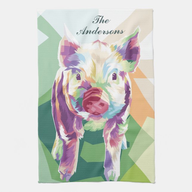 Colorful Pop Art Pig Personalized Kitchen Towel (Vertical)