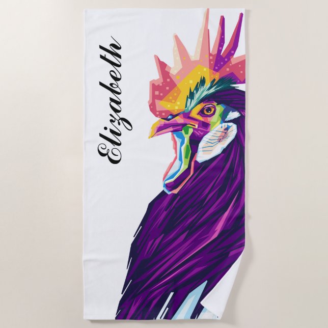 Colorful Pop Art Rooster Personalized Beach Towel (Front)