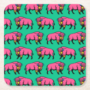 Colorful Pop-Art Southwestern Buffalo/Bison Square Paper Coaster