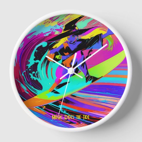 Colorful Pop Art Surfing Witch Clock