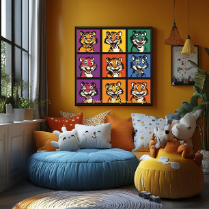 Colorful Pop Art Tiger Faces  Why this works: Poster