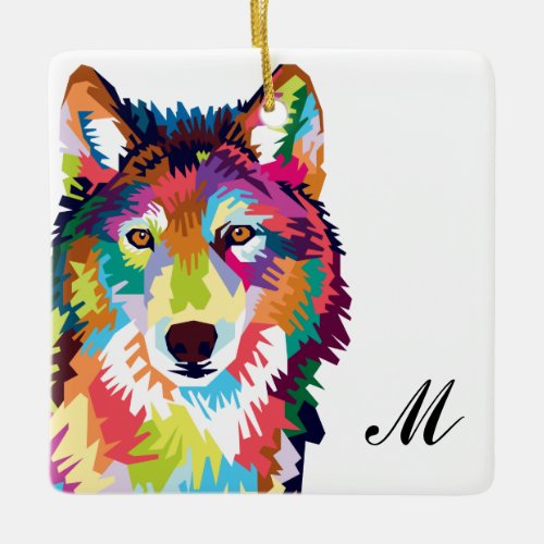 Colorful Pop Art Wolf Monogrammed Ceramic Ornament