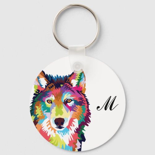 Colorful Pop Art Wolf Monogrammed Keychain