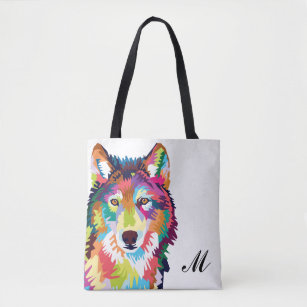 Colorful Pop Art Wolf Monogrammed Tote Bag