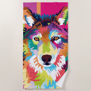 Colorful Pop Art Wolf Portrait Beach Towel