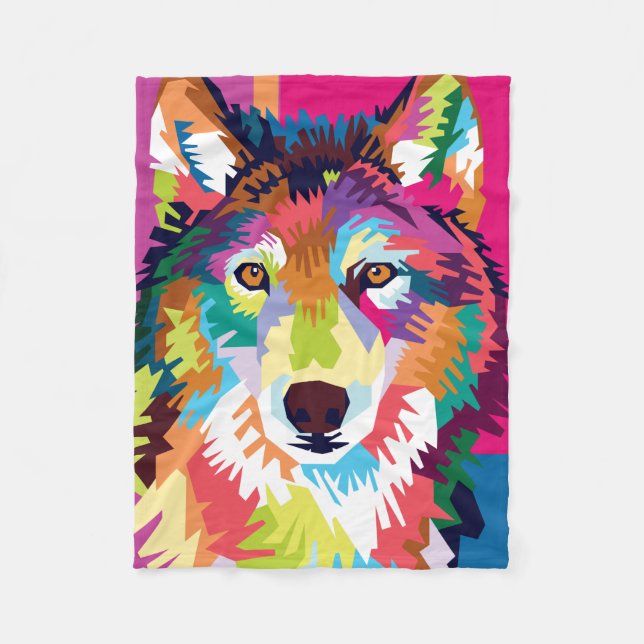 Colorful Pop Art Wolf Portrait Fleece Blanket (Front)