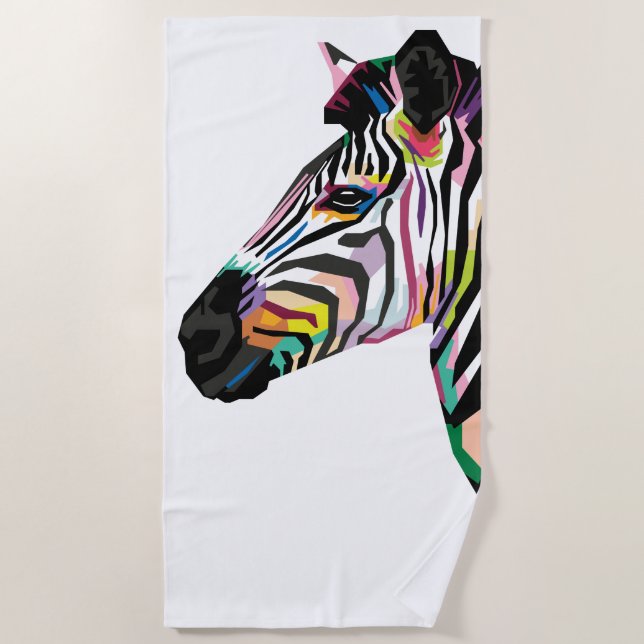 Colorful Pop Art Zebra on White Background Beach Towel (Front)