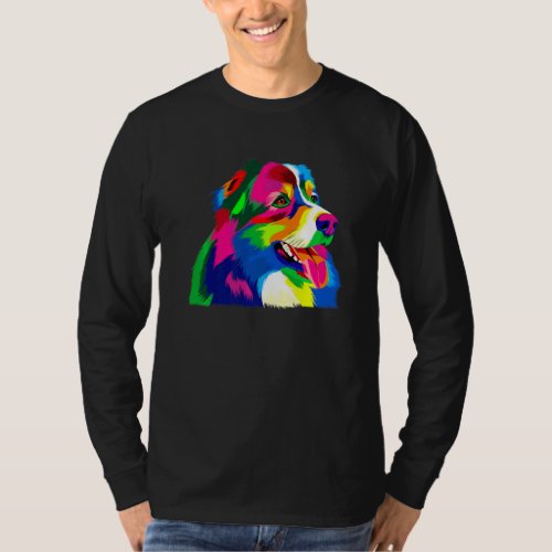 Colorful Pop Australian Shepherd Portrait Aussie   T_Shirt