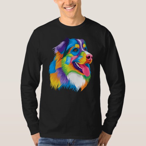 Colorful Pop Australian Shepherd Portrait Aussie T_Shirt