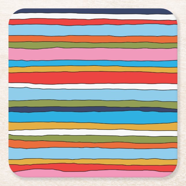 Colorful Pop Stripes Lined Pattern Square Paper Coaster (Front)