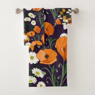 Colorful poppies and daisies, orange and purple bath towel set