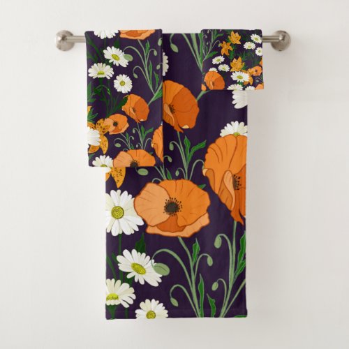 Colorful  poppies and daisies orange and purple bath towel set