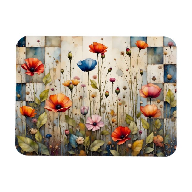 Colorful Poppies and Patchwork Magnet (Horizontal)