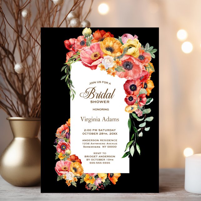 Colorful Poppies Black Bridal Shower Invitation (Creator Uploaded)