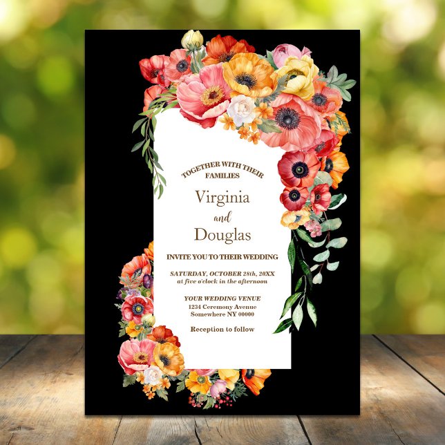 Colorful Poppies Black Wedding Invitation (Creator Uploaded)