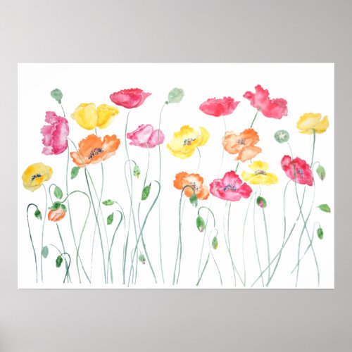 colorful poppies flowers watercolor horizontal poster