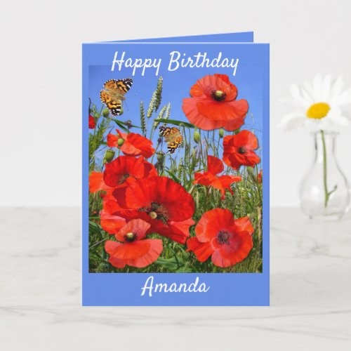 Colorful Poppy Field  Custom text Birthday Card