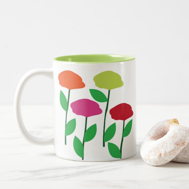 Colorful Poppy Flowers  Two-Tone Coffee Mug (With Donut)
