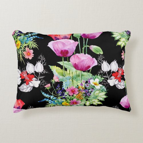Colorful Poppy Summer Flowers Pattern Accent Pillow