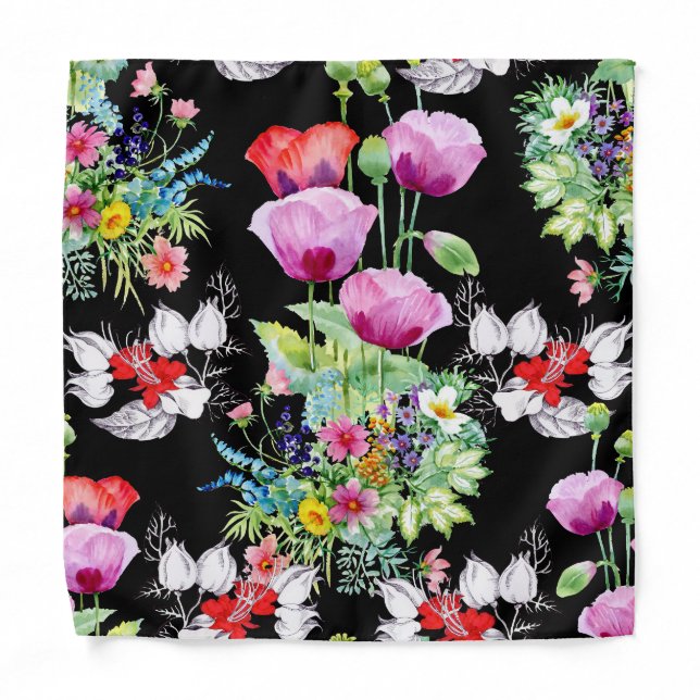 Colorful Poppy Summer Flowers Pattern Bandana (Front)