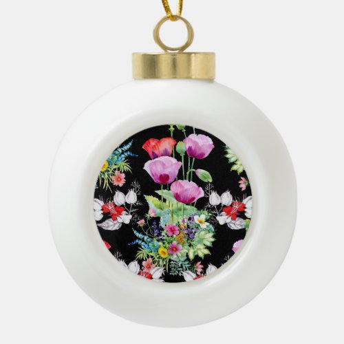 Colorful Poppy Summer Flowers Pattern Ceramic Ball Christmas Ornament