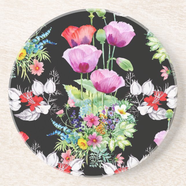 Colorful Poppy Summer Flowers Pattern Coaster (Front)