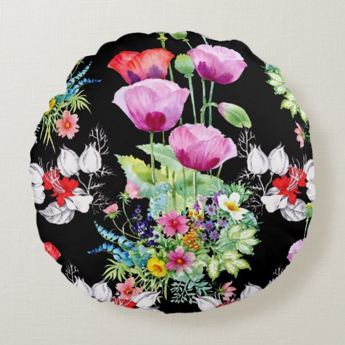 Colorful Poppy Summer Flowers Pattern Round Pillow