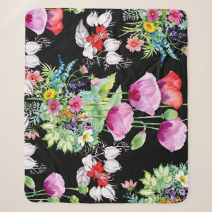 Colorful Poppy Summer Flowers Pattern Sherpa Blanket