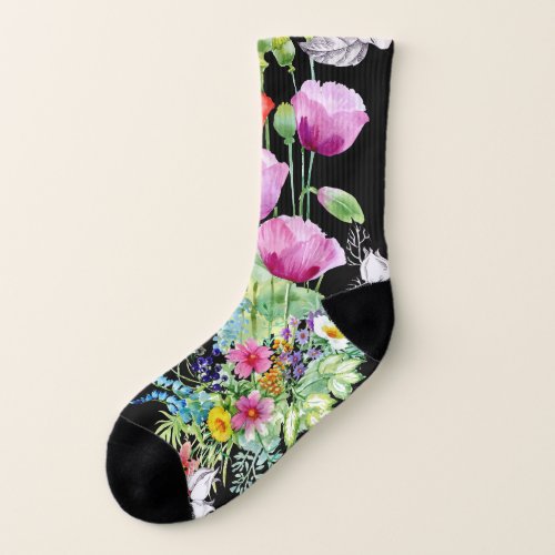 Colorful Poppy Summer Flowers Pattern Socks