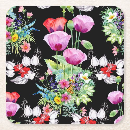 Colorful Poppy Summer Flowers Pattern Square Paper Coaster