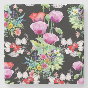 Colorful Poppy Summer Flowers Pattern Stone Coaster